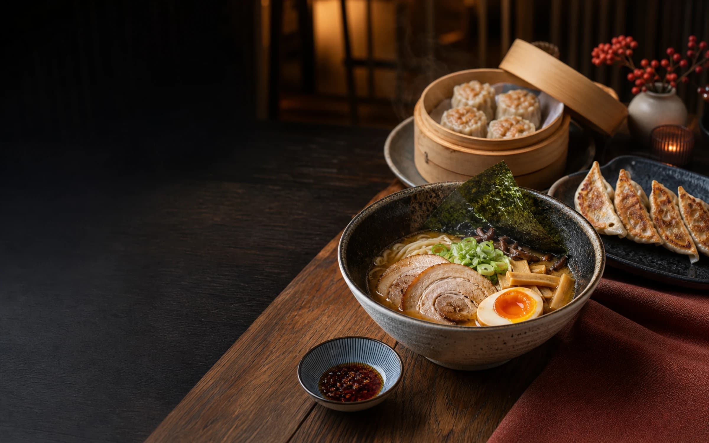 Ramen, dim sum y gyozas servidos sobre una mesa de madera